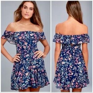 Lulus My Favorite Navy Blue Floral Print Off-the-Shoulder Mini Dress
